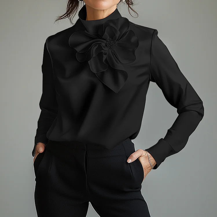 Ursime Satin High Neck Ruffled Floral Long Sleeve Blouse