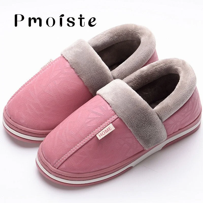 Large Size 43-50 Woman's Winter Slippers Casual Shallow Slip On Cozy Flat Slippers Woman PVC PU Leather Ladies Slippers