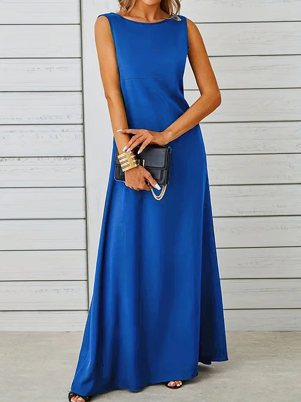 Solid Color A-Line Loose Round-Neck Maxi Dresses