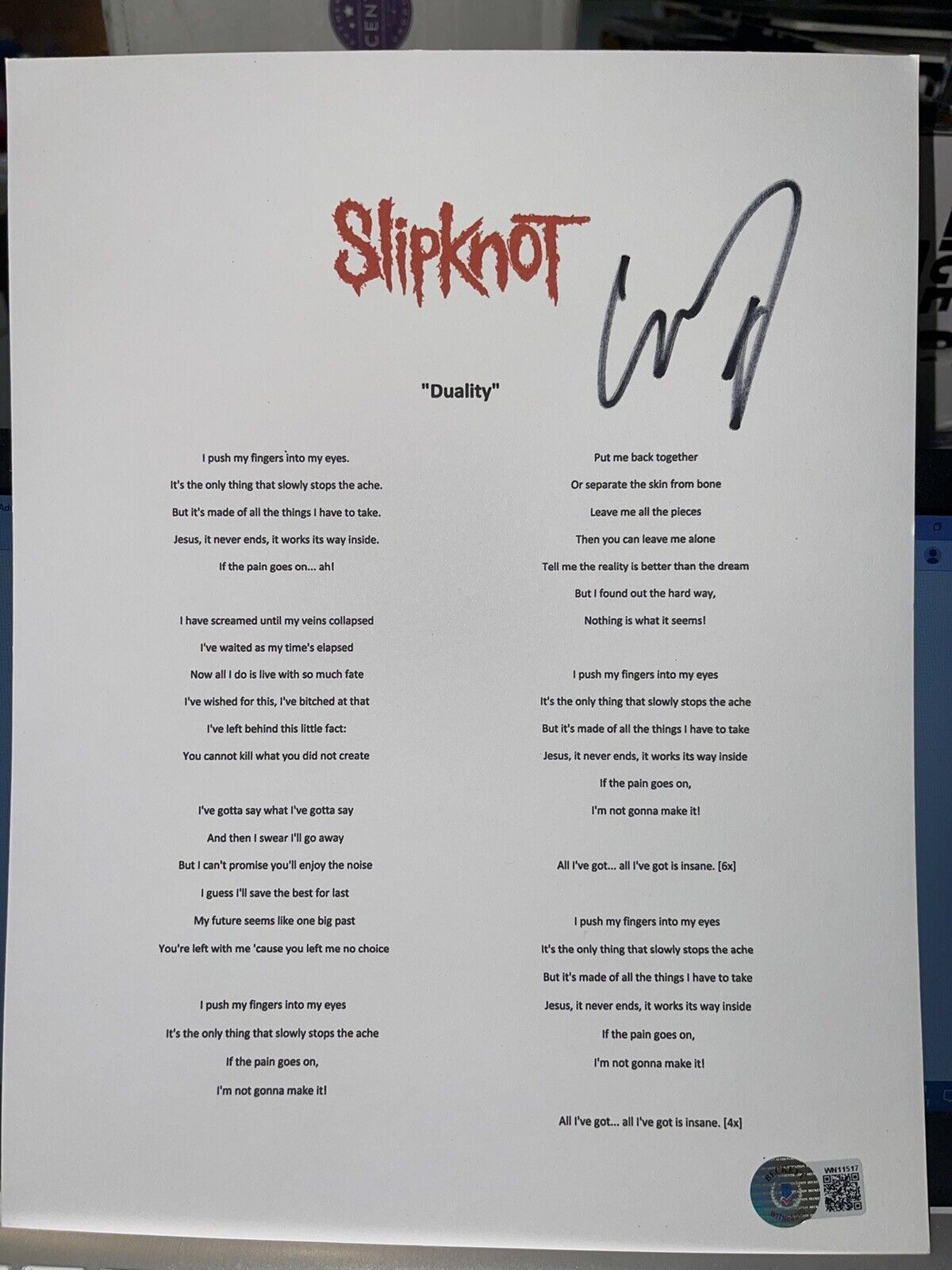 COREY TAYLOR SLIPKNOT SIGNED LYRIC SHEET MAGGOT AUTOGRAPH B BECKETT BAS COA