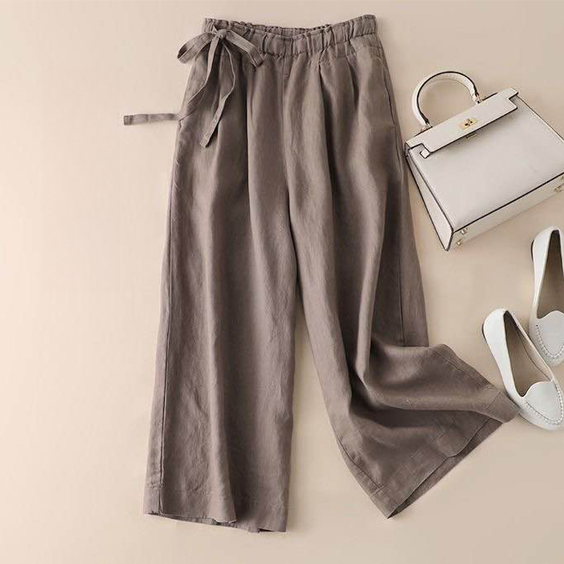 Arkget Shoes | Women's Linen-Cotton Side Drawstring Wide-Leg 9/10 Length Pants