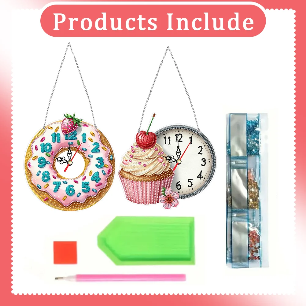 2Pcs Dessert DIY Diamond Painting Ornament with Clock Function Home Decor Art