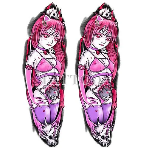 Japanese Devil Dark Sexy Pink Girl Big Size Color Arm Water Transfer Temporary Fake Tattoo Sticker For Men and Women