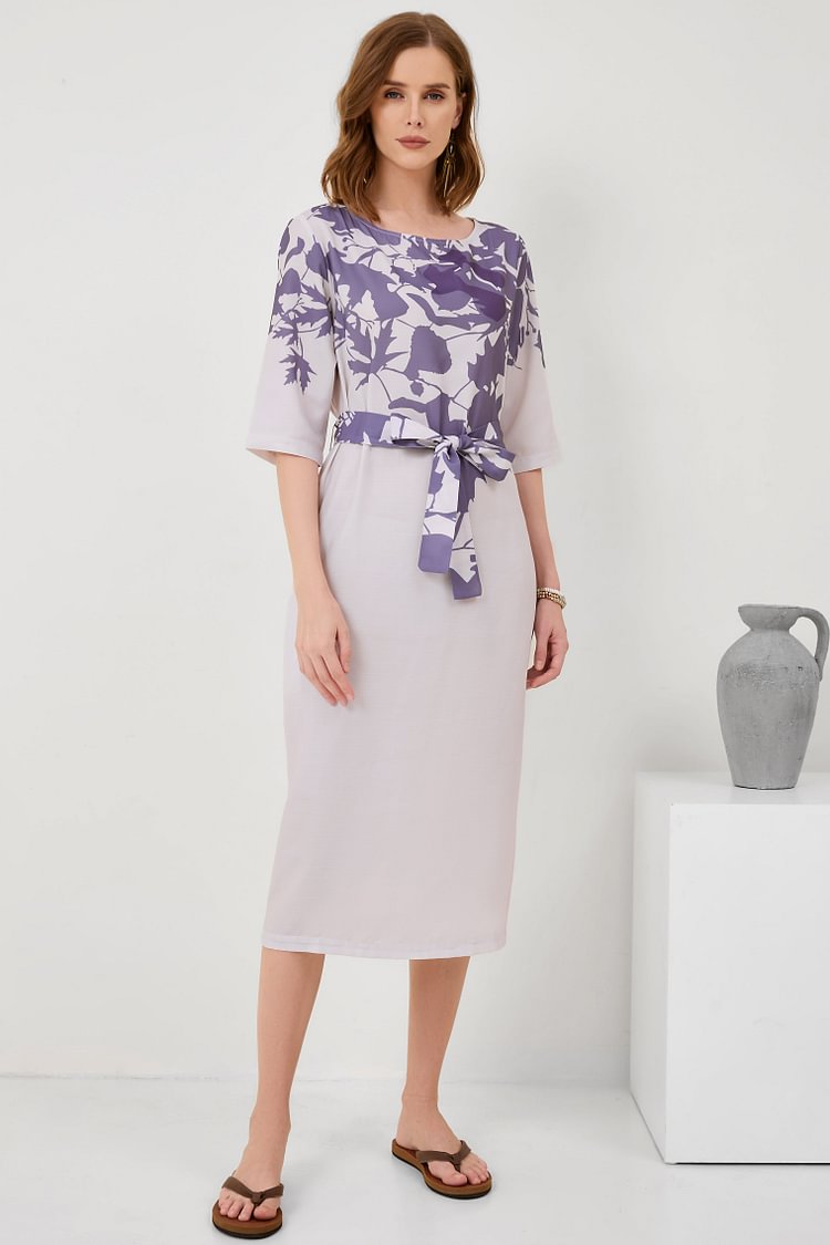 Cotton-Linen Floral Print Mid-Sleeve Dress