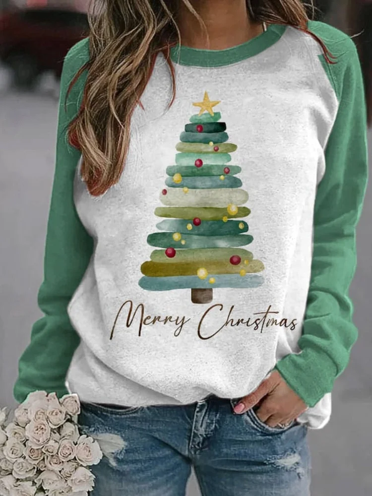 VChics Cute Merry Christmas Tree Print Sweatshirt