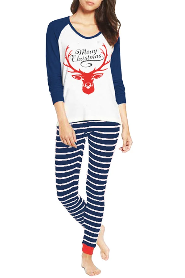 Long Sleeve Reindeer Print Striped Christmas Pajama Set Navy Blue-elleschic