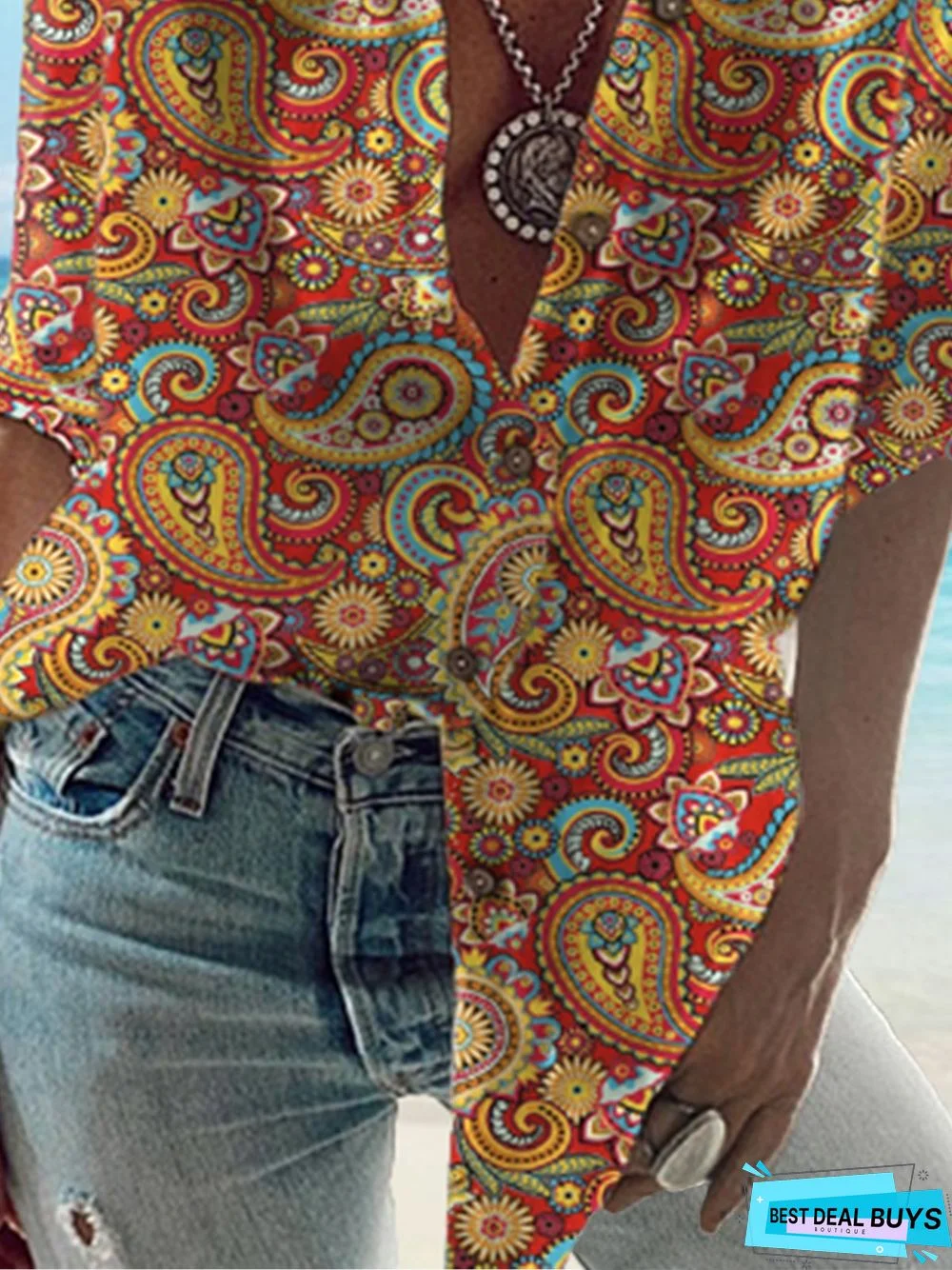 Women's Holiday Weekend Floral Print Paisley Buttoned Blouse Half Sleeve Casual Shirt Collar Vintage Streetwear Daily Vacation