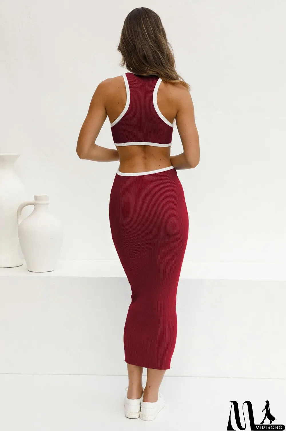 MidiSono - Fashionable round neck pullover tight hollow open back sexy racer dress bodycon midi skirt