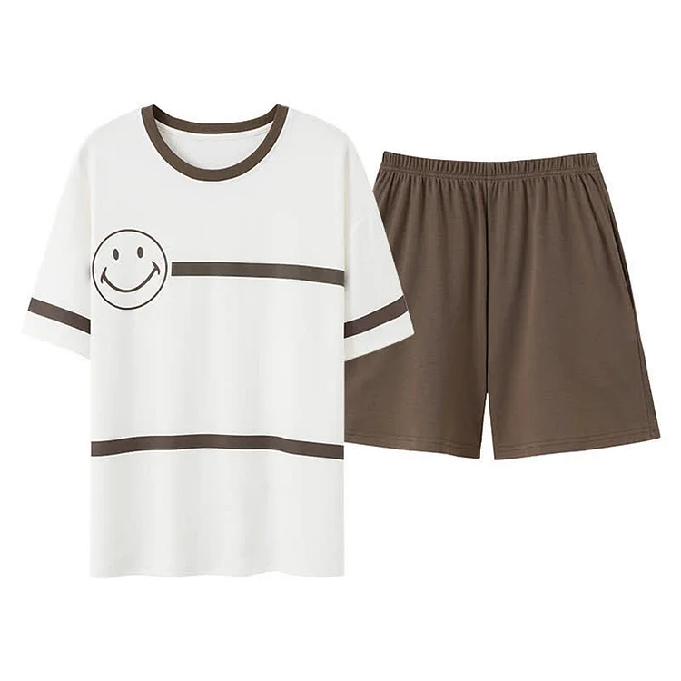 Smiling Face Print Summer Cotton Pajamas Set - Modakawa modakawa