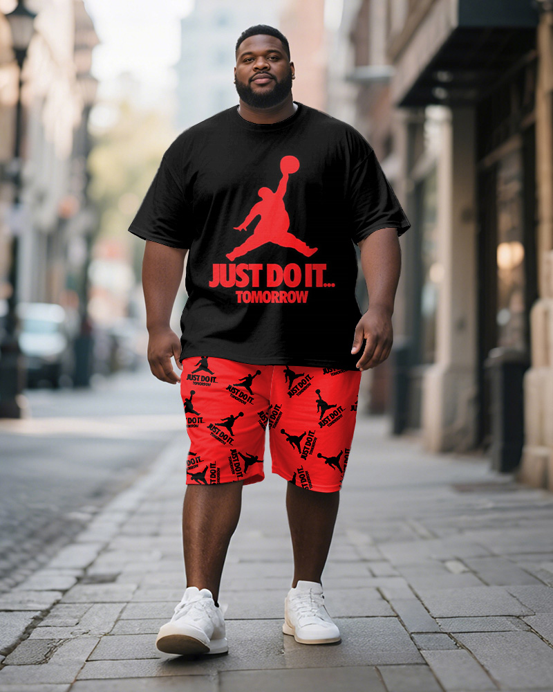 Men's Plus Size Black Fat Man Fun Text Print Short Sleeve T-Shirt Shorts Suit