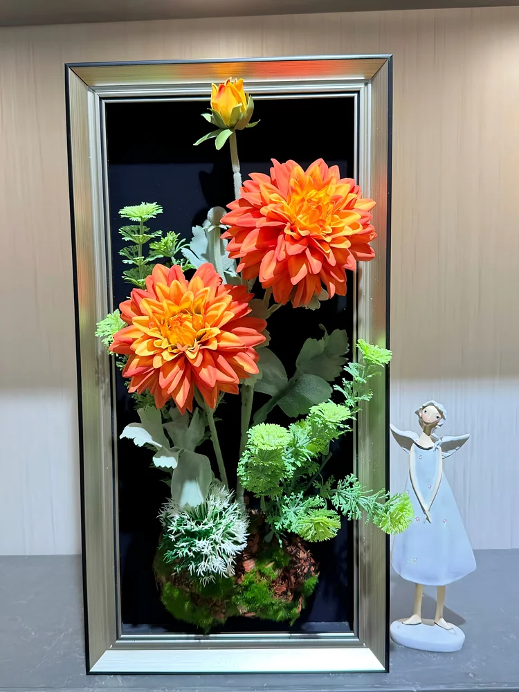 Orange-Red Dahlia Realistic Framed Flower Art (9.0*17.7 in) - 3D Artificial Flower Decoration for Living Room & Entryway