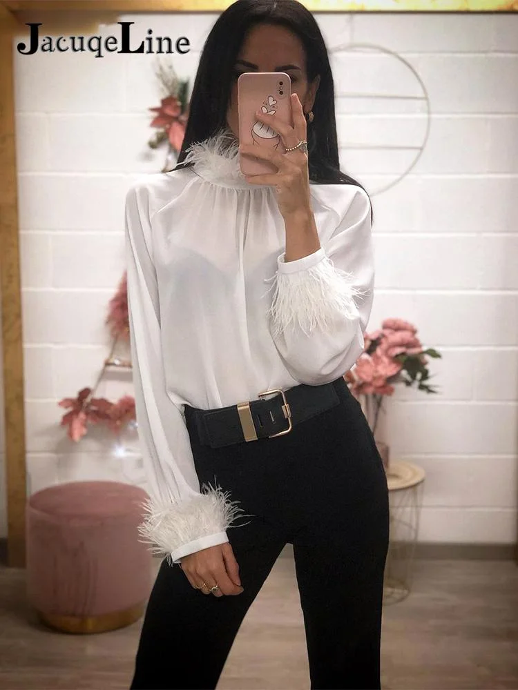 JacuqeLine 2022 Turtleneck Sexy Satin Feather Blouse Shirt Women Long Sleeve Casual Elegant Office Lady Top Shirts Green Autumn