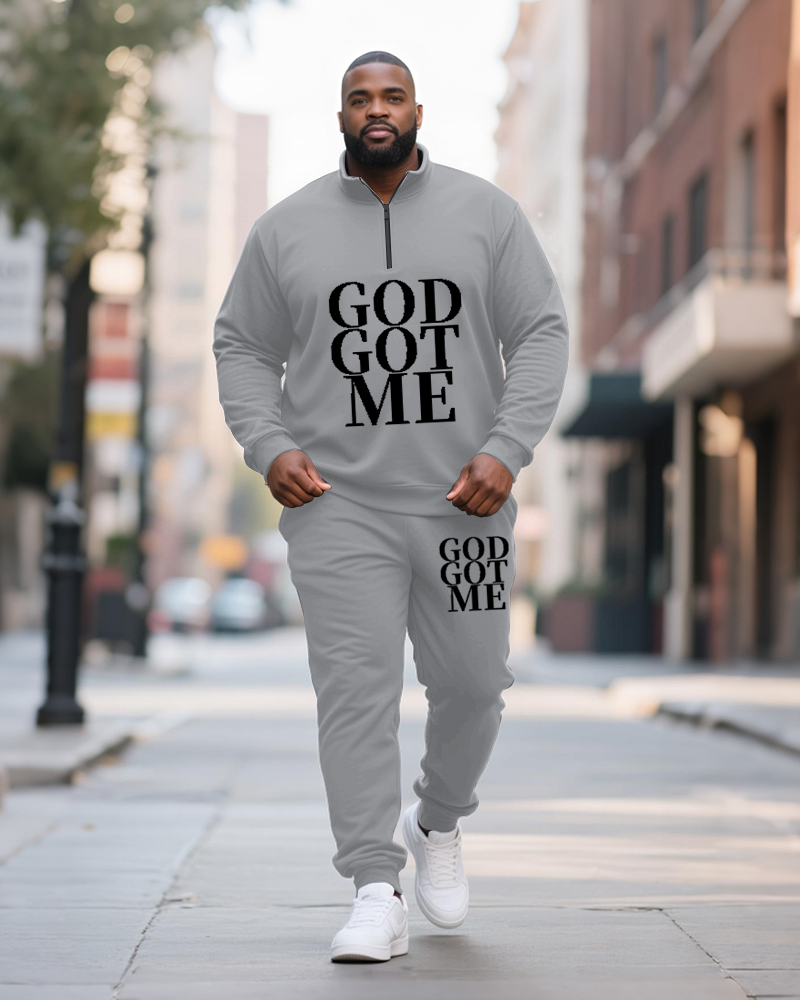 Big & Tall Men's GOD GOT ME Printed POLO Collar Zipper Long Sleeve Pants Two-Piece Set