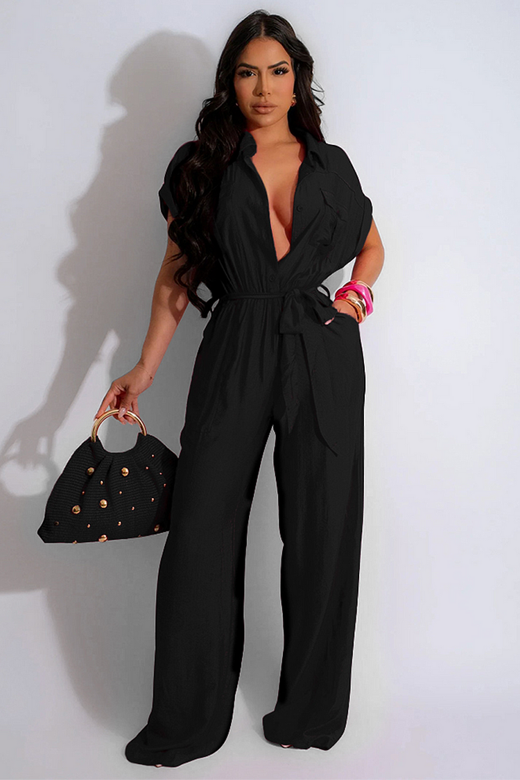 Solid Color Ruched Tie Up Wide Leg Short Sleeve Casual Jumpsuit-Yellow