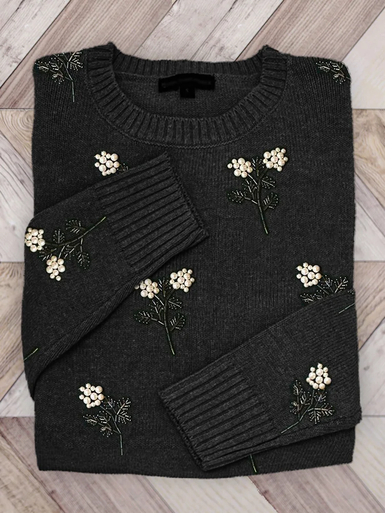 VChics Classy Floral Beaded Art Cozy Knit Sweater