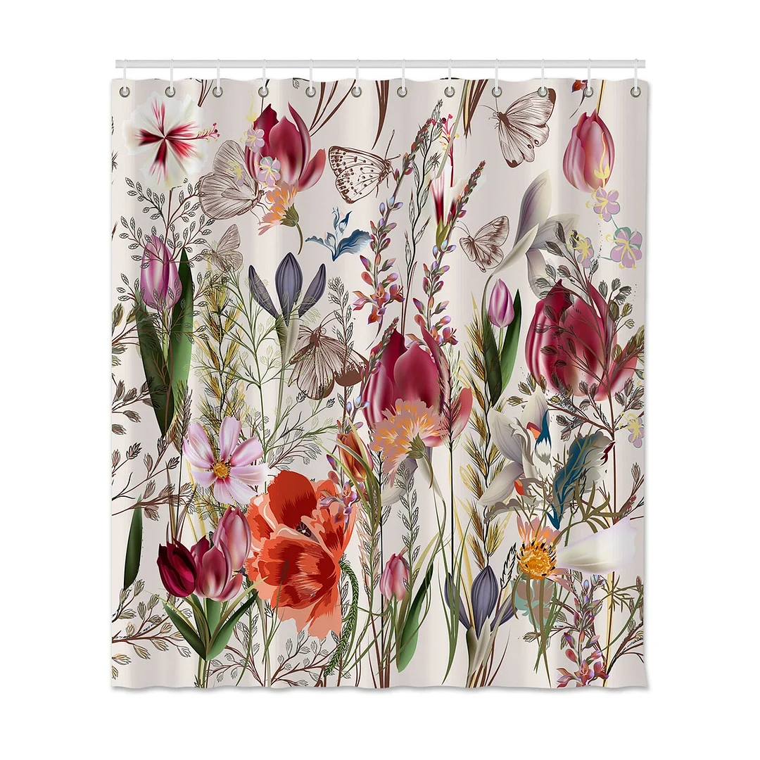Plant Series Shower Curtain For Bathroom Waterproof Polyester Shower Curtain Print Flowers Butterflies Shower Curtain With Hooks