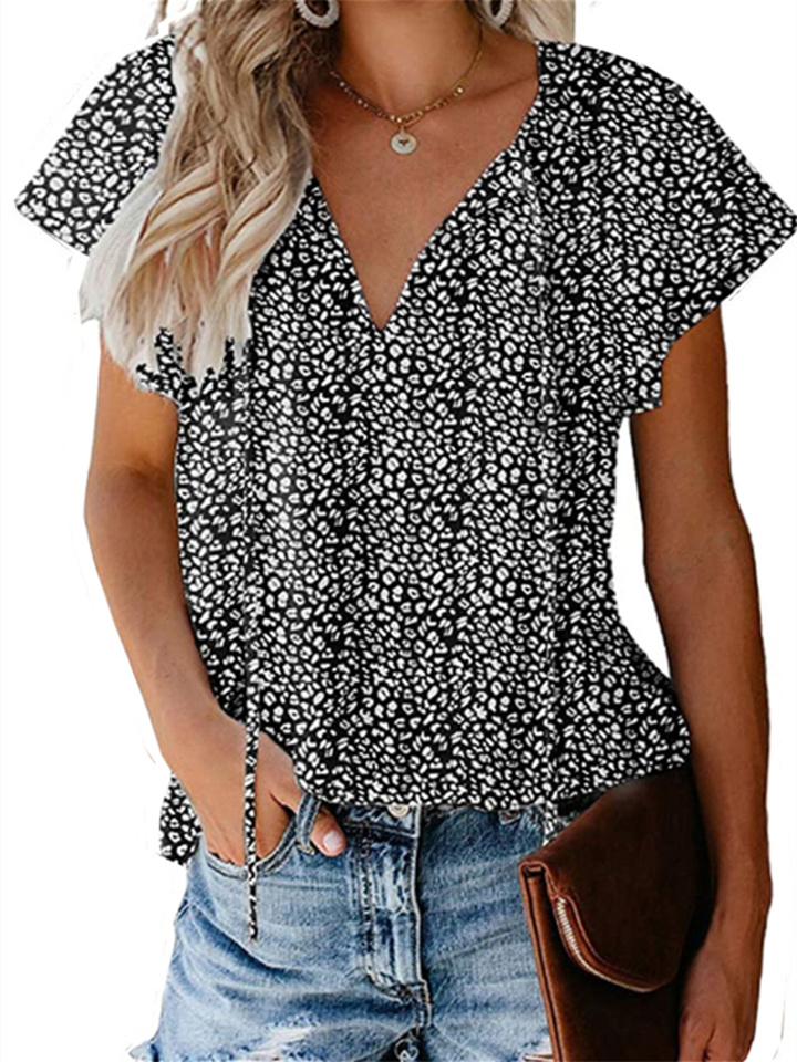 Europe and The United States Summer Women's Floral Casual V-neck Chiffon Shirt Loose Simple Short-sleeved Blouse