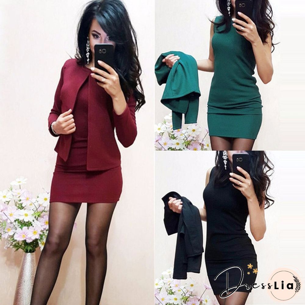 Women Pure Color Round Neck Pullover Long Sleeved Jacket Short Dress Suit