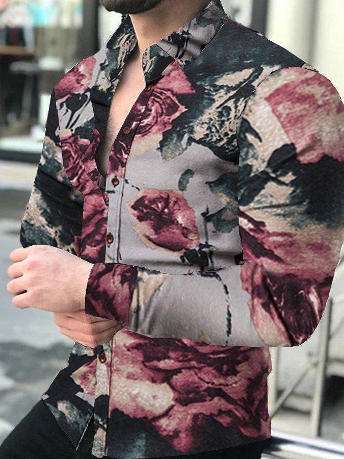 Mens Fashion Lapel Flower Print Long Sleeve Shirt