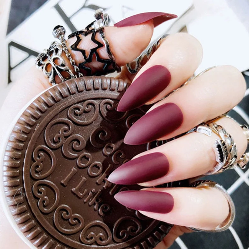 24Pcs Full Cover Pointed Head Scrub Temperament white matte false nails Wearable Stiletto Fake press on Nail with Glue for gils-Nail Inspo