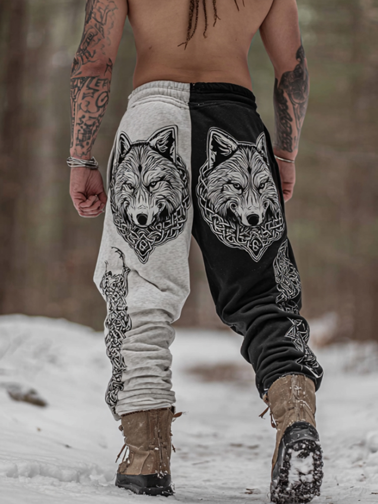 Vintage Viking Style Wolf Totem Celtic Knot Black And White Color Block Retro Sport Pants elevenforest