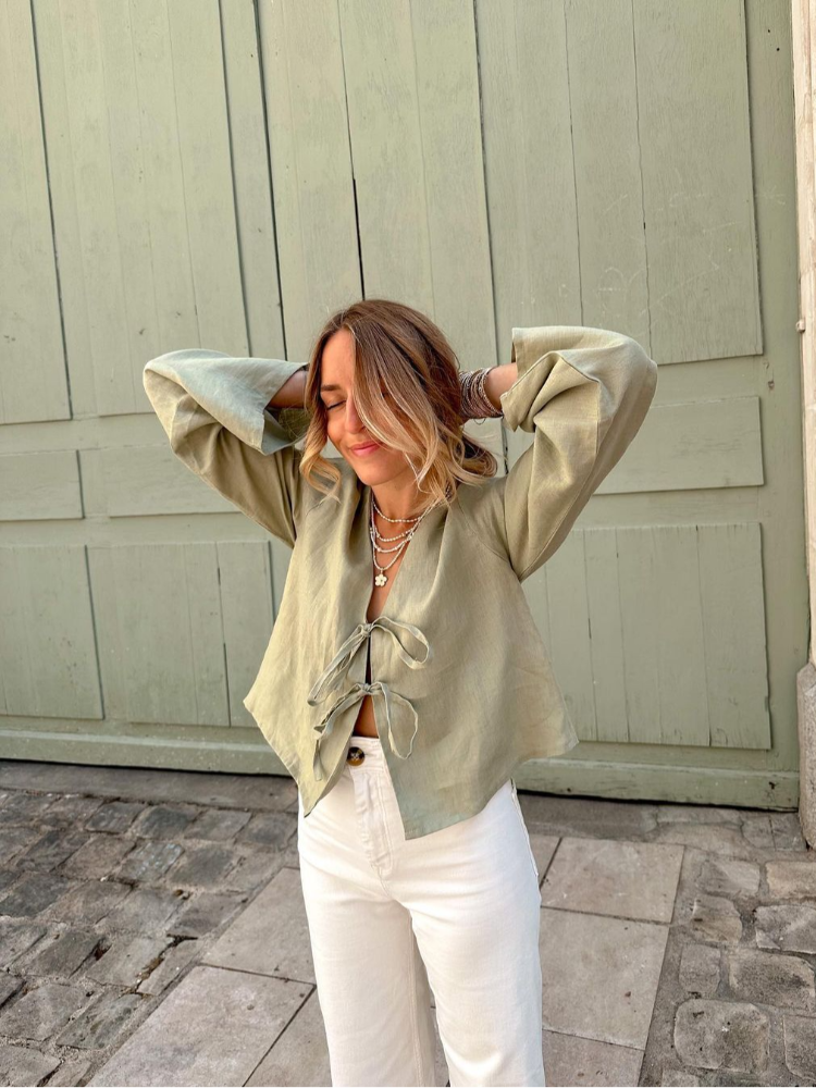 Uveng Women V Neck Solid Green Lace Up Shirt Fashion Long Sleeves Loose Cropped Top Chic Lady Street Blouse Vacation Tops