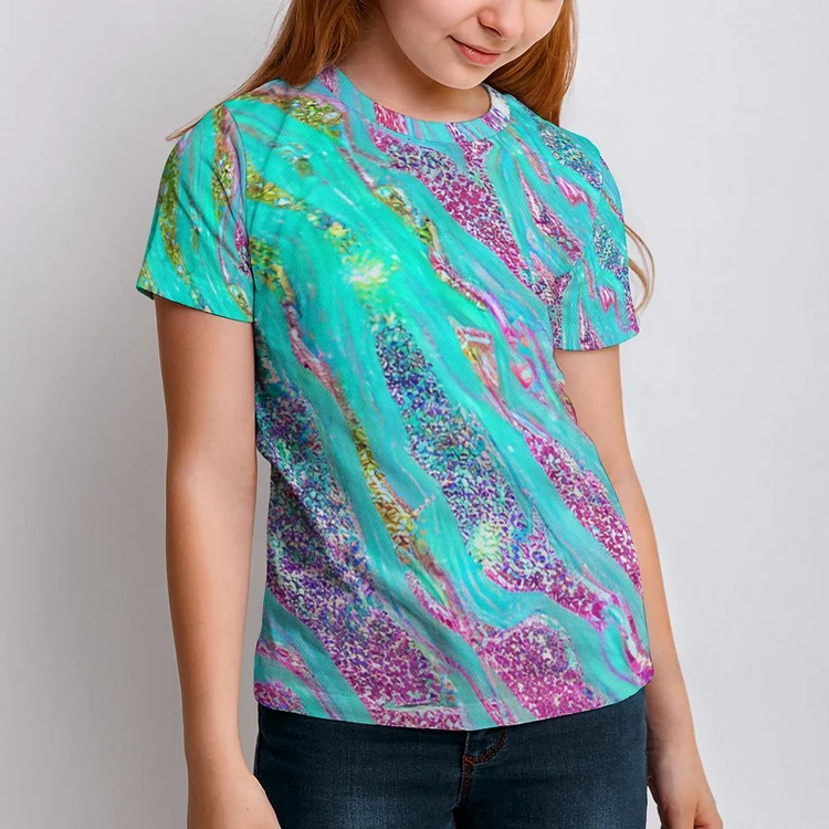 Rainbow Teal Blue Pastel Glitter Swirls Boys Girls T-Shirts Kids Casual All over Print Graphic Short Sleeve 3D Tee - Heather Prints Shirts