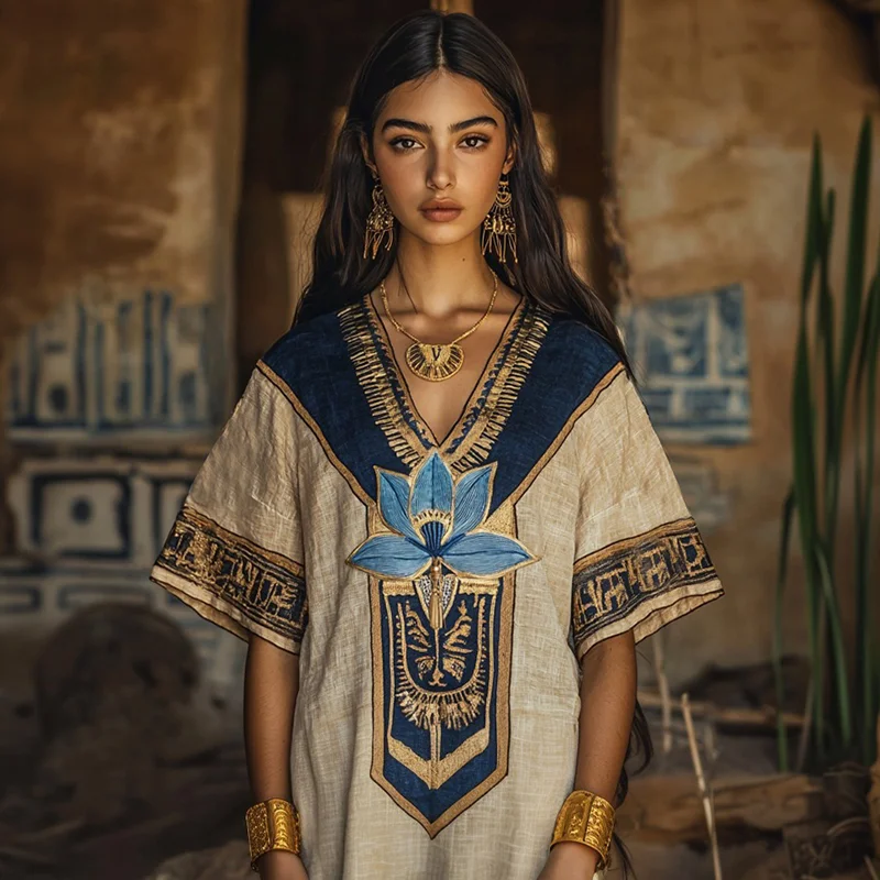 Vintage Egyptian Lotus Embroidery Three-quarter Sleeves T-shirt