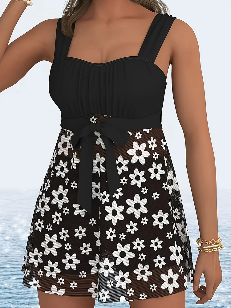 Ladies' Floral-Print Dress-Style Top And Bikini Bottoms Set Swimsuit
