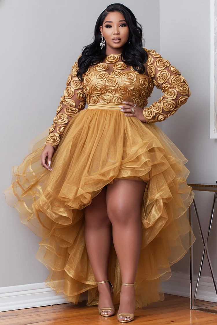 Xpluswear Design Plus Size Party Gold Round Neck Long Sleeve 3D Elegant High Low Hem Tulle Mini Dresses [Pre-Order]