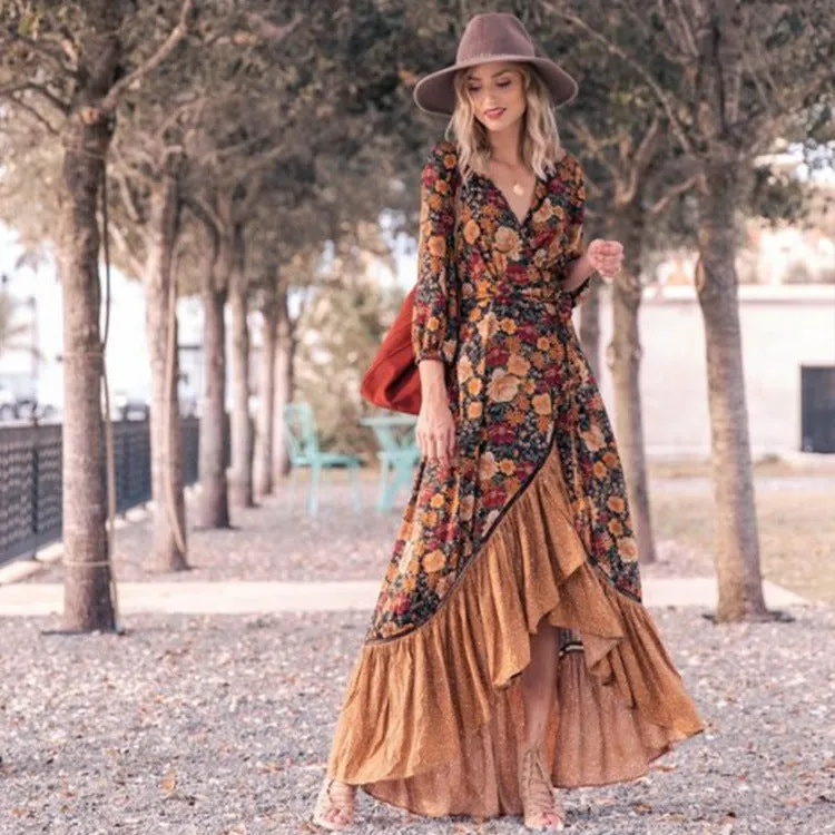 Brownm Women's Mid Waist Long Sleeve Vintage Print Dress