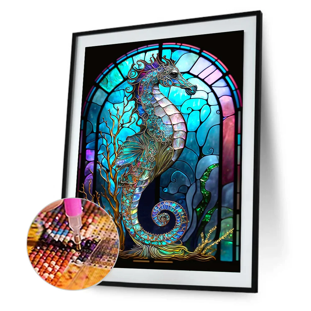 Partial AB Diamond Painting - Full Round Drill - Stained Glass Hippocampus(Canvas|35*45cm)