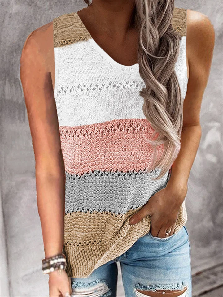 Summer Outside The Waffle Collision Color Straight Type of Women's New V-neck Undershirt Slim and Versatile Tops-Cosfine