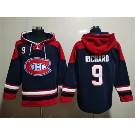 Men's Montreal Canadiens #9 Maurice Richard Navy/Red  Lace-Up Pullover Hoodie