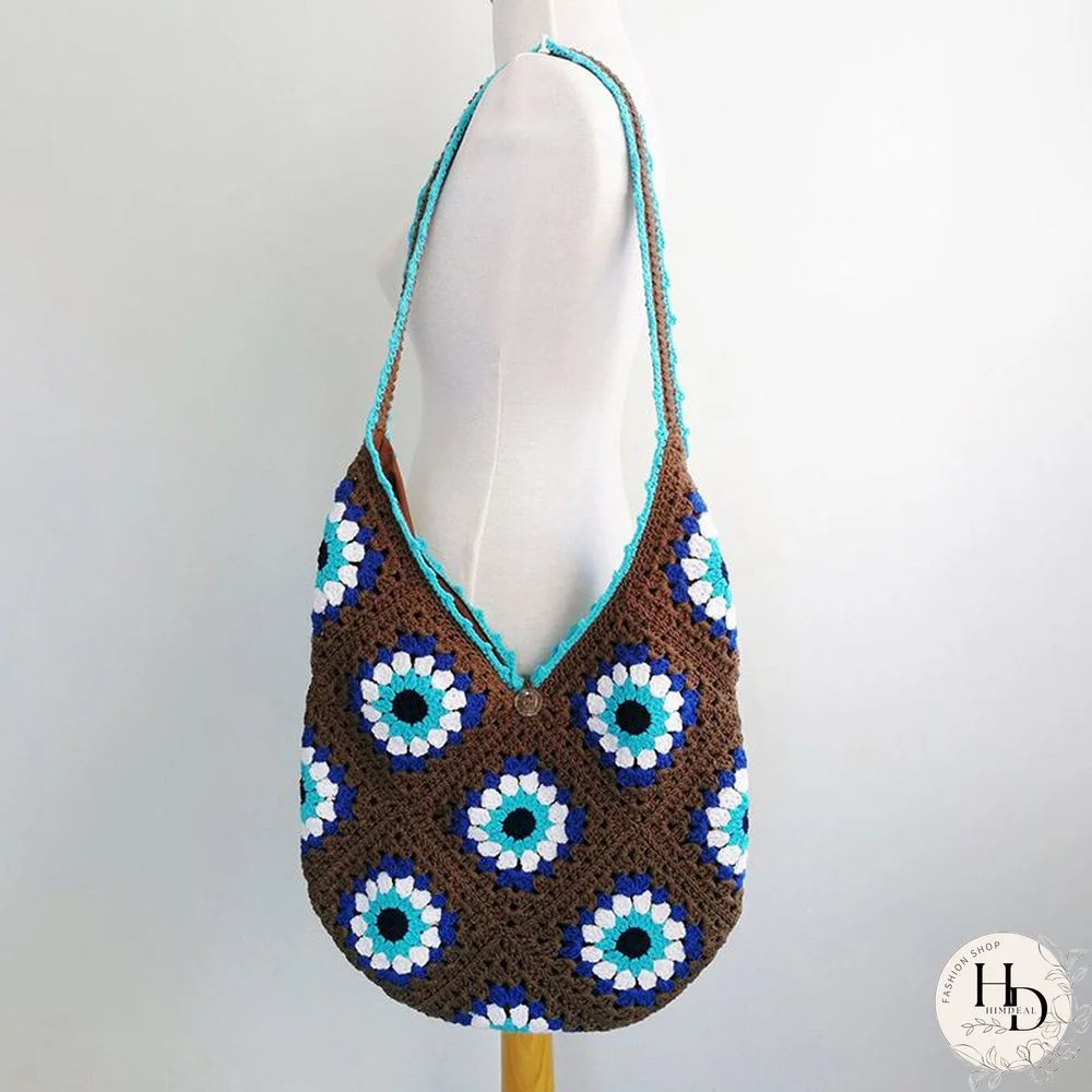 Multi Colors Hand Woven Knit Summer Sunflower Daisy Flowers Tote Bag