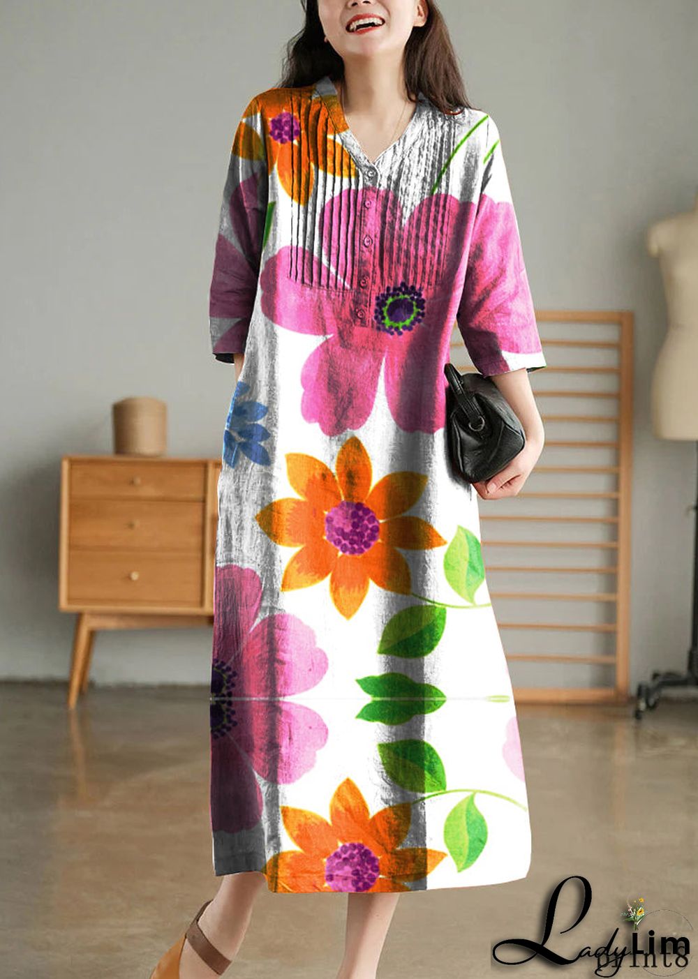 Grey Print6 Loose Linen Long Dresses Button Solid Half Sleeve