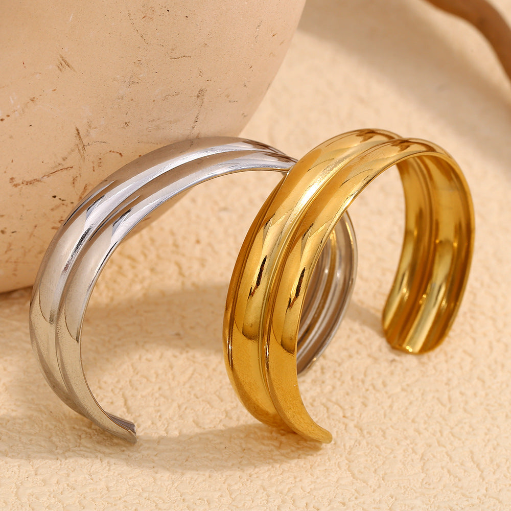 Fashionable Simple Niche Personalized Hand Jewelry Stainless Steel 18K Gold-Plated High-End Double-Layer Wide Bracelet For Women