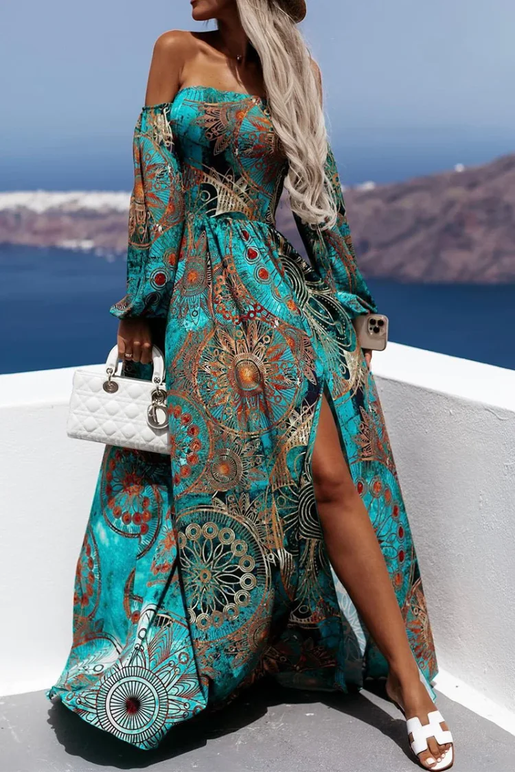 Print Off Shoulder Slit Maxi Dress