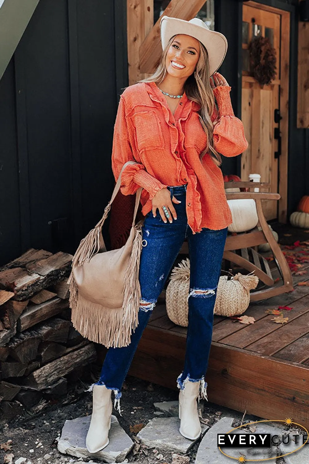 Orange Ruffled Shirred Waffle Knit Pocketed Long Sleeve Shirt