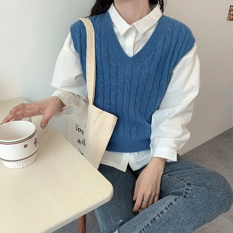 Sweater Vest Women V-neck Pullover Sleeveless Knitted Fashion Casual Loose Elegant Simple Chic Korean Soft Ulzzang Sweater New