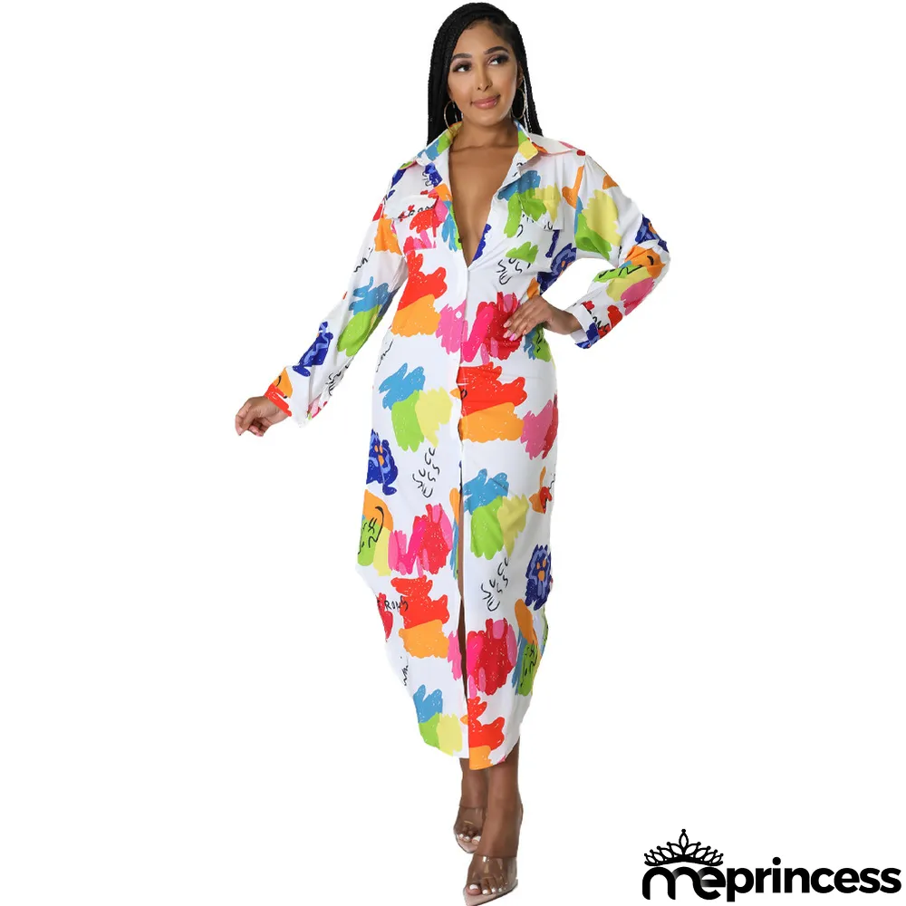 Women Spring Summer Autumn Fashion Sexy Long Shirt Print Casual Long Dress