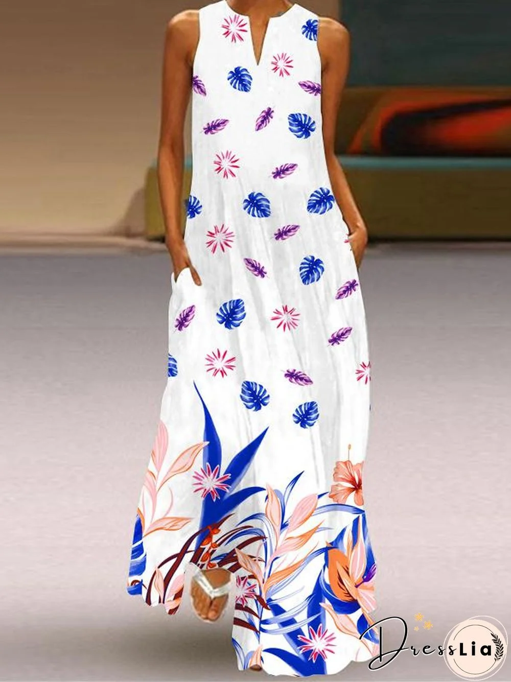 V-Neck Retro Sleeveless Printed Dress