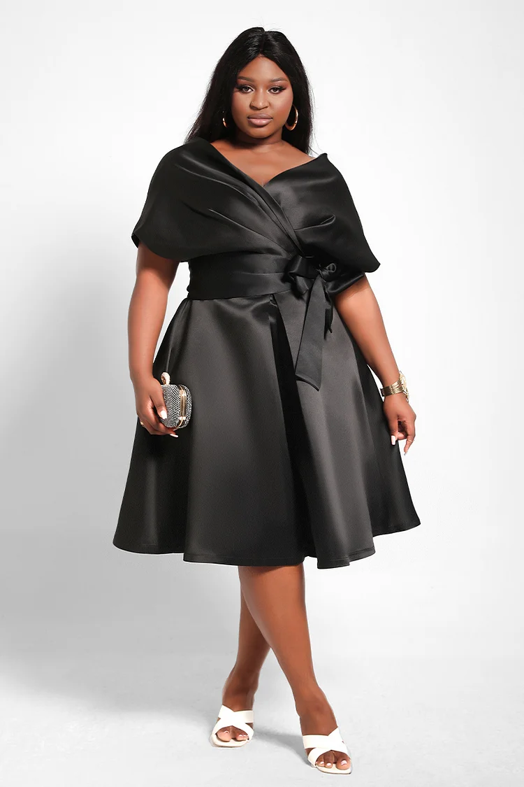 Xpluswear Plus Size V Neck Off Shoulder Solid Little Black Midi Dress ...