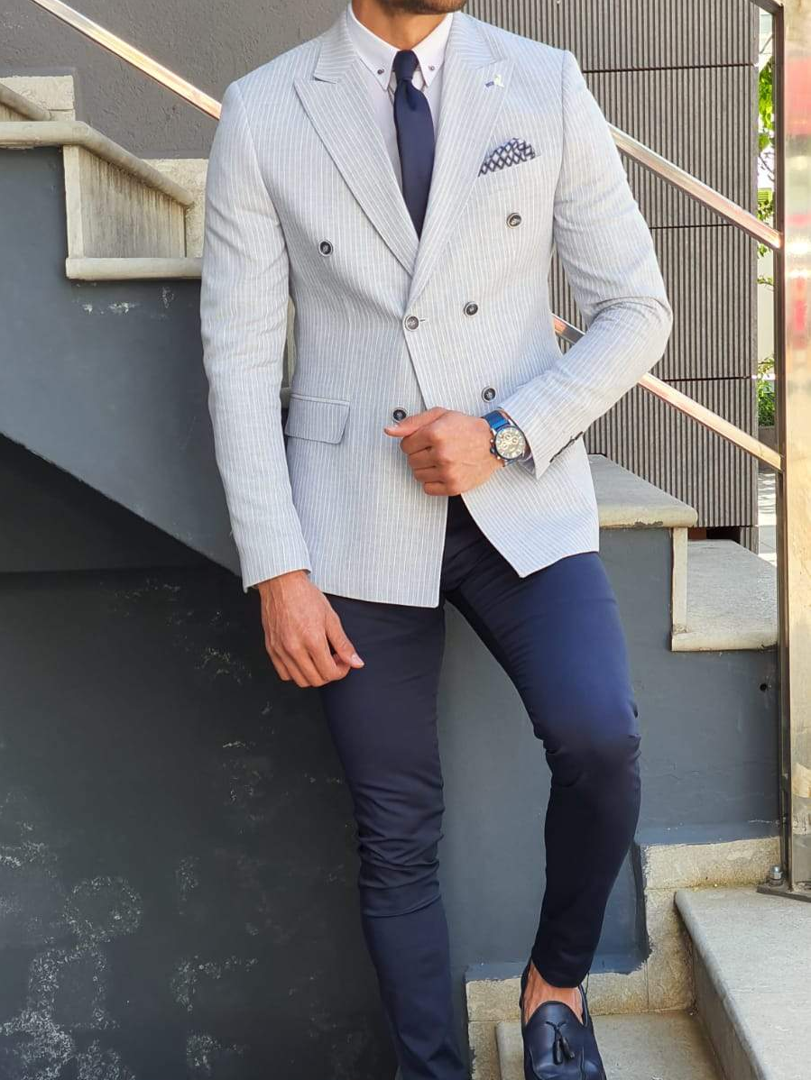 Marc Slim Fit Striped Cotton Double Breasted Blazer Only
