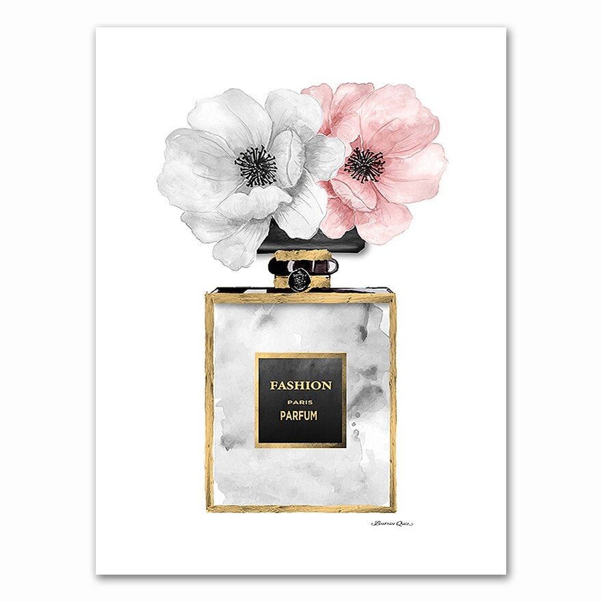 Fashion Black Dress Canvas  Nordic Wall Art Perfume with Flower Print Painting Decoration Picture Home Decor Framed