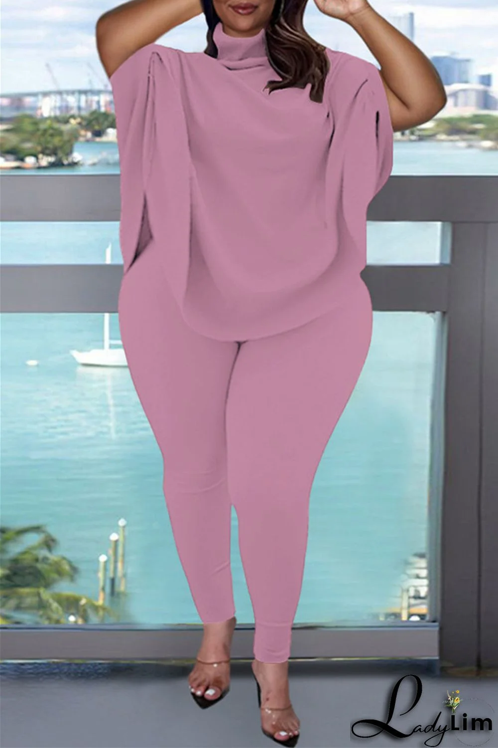 Pink Fashion Casual Solid Basic Turtleneck Short Sleeve Two Pieces