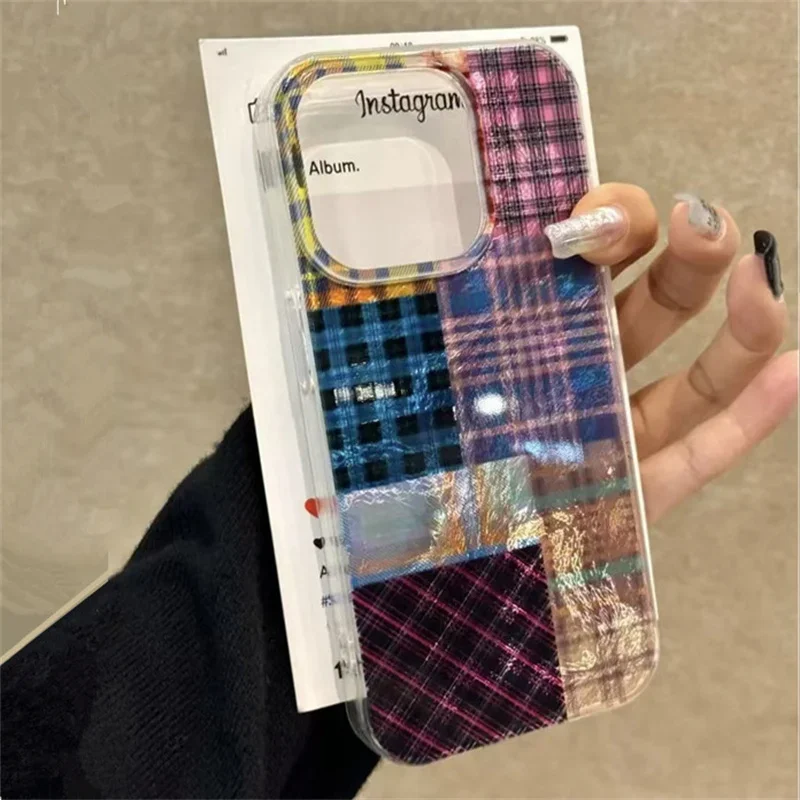 Aonga Creative INS Purple Splicing Leopard Checkers Phone Case for IPhone 16 Plus 15 14 13 Pro Max Shockproof Back Phone Cover Capa aonga