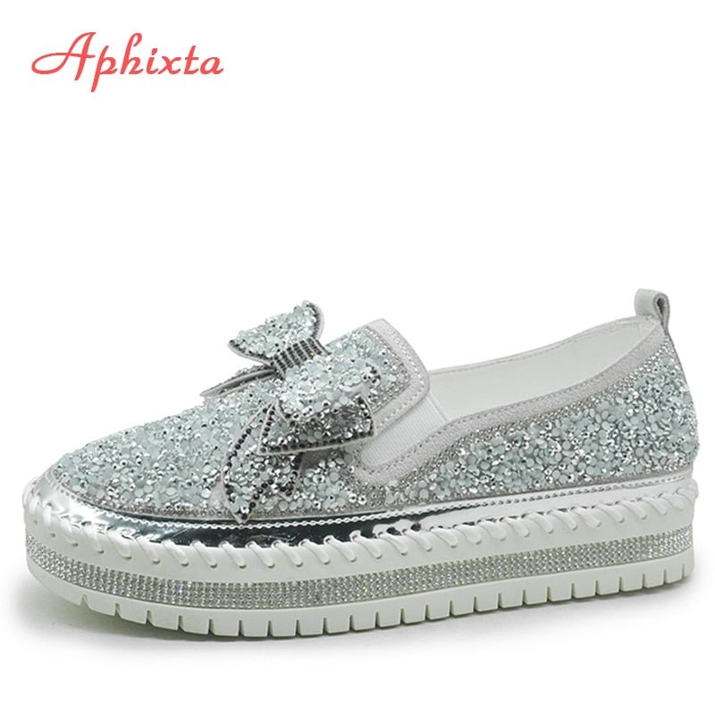 Aphixta Rhinestone Women Flats Leather Loafers Spring Shoes Woman Crystal Sequins Bow-knot Platform Mesh Slides Moccasins Women