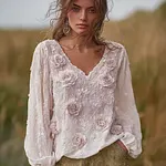 Bohemian Retro Countryside Style Plant Flower Design Women's Linen Long-sleeve Top - Image 2