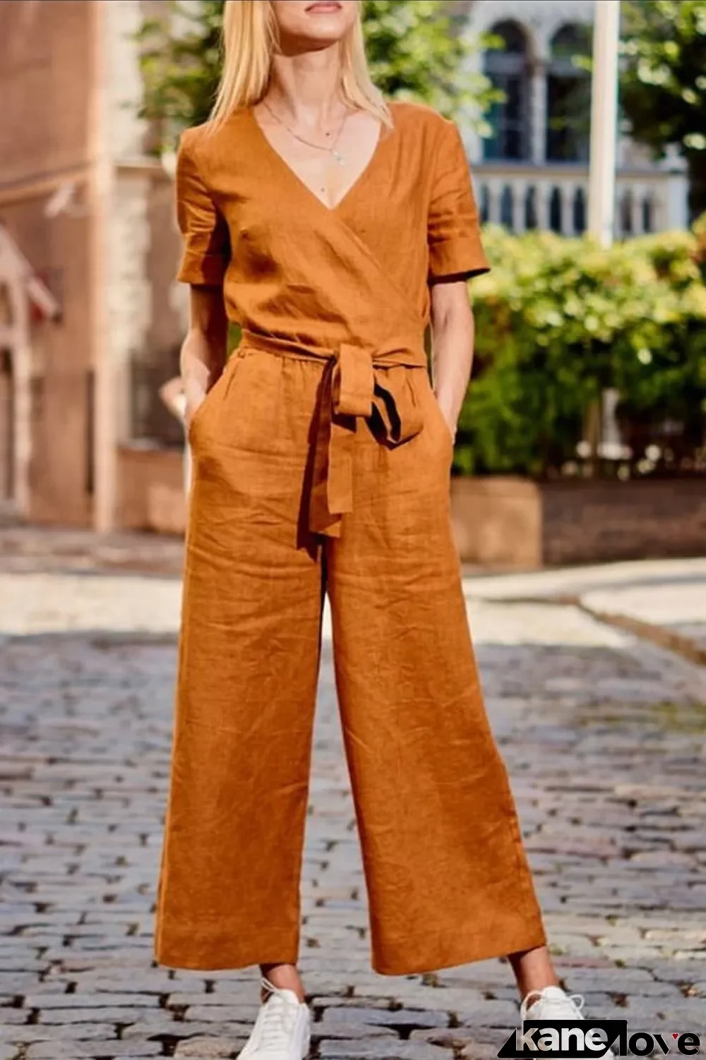V-Neck Short Sleeve Jumpsuit(With Belt)